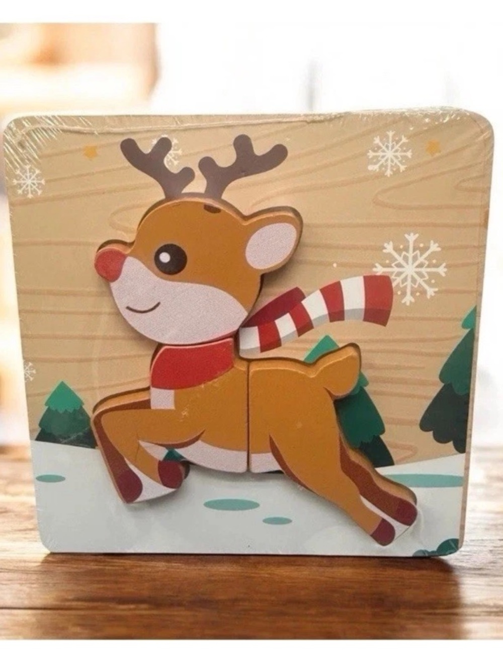 6” x 6” Rudolph Reindeer Christmas Wooden Peg Block Puzzle Kid Holiday Game Toy